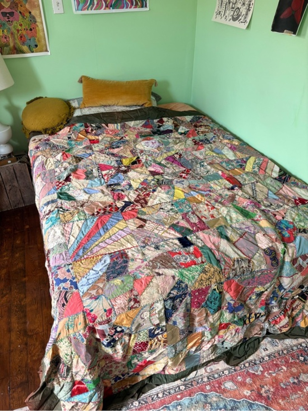 Incredible Silk Vintage Multicolor Patchwork Crazy Quilt - Full Size